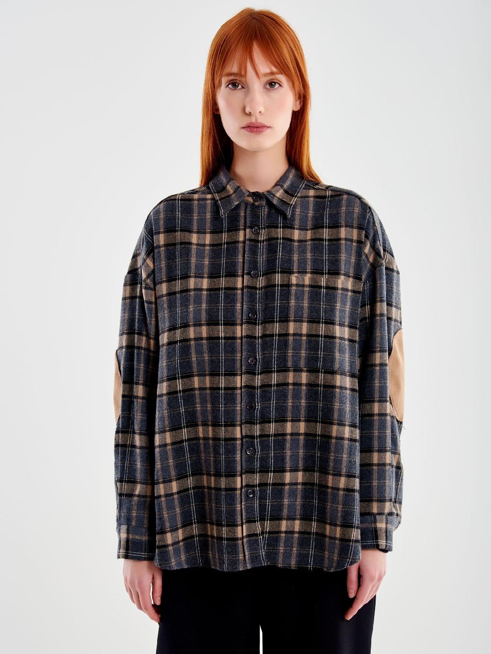 Vicolo Camicia Oversized Check con Toppe Beige Economico