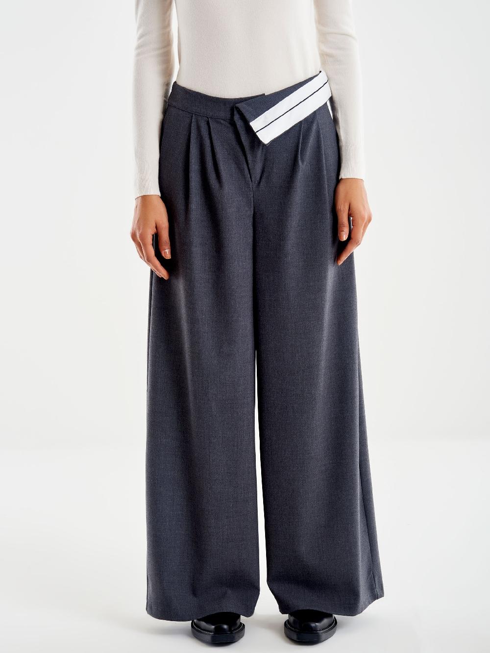 Vicolo Pantalone Ampio con Risvolto in Vita Grigio Vendita Economica