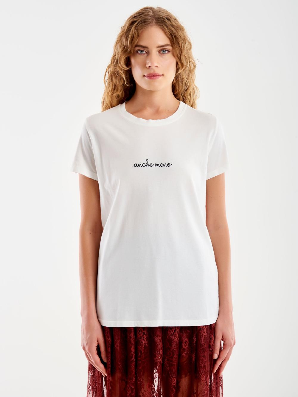 Vicolo T-Shirt Ricamata "Anche Meno" Bianco Sottocosto