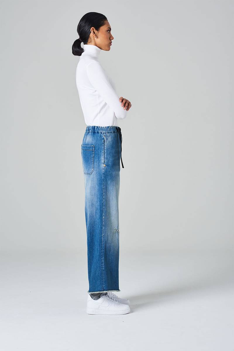 White sand Pantalone crop gamba ampia con elastico in vita e cinturino regolabile Prezzo Ridotto