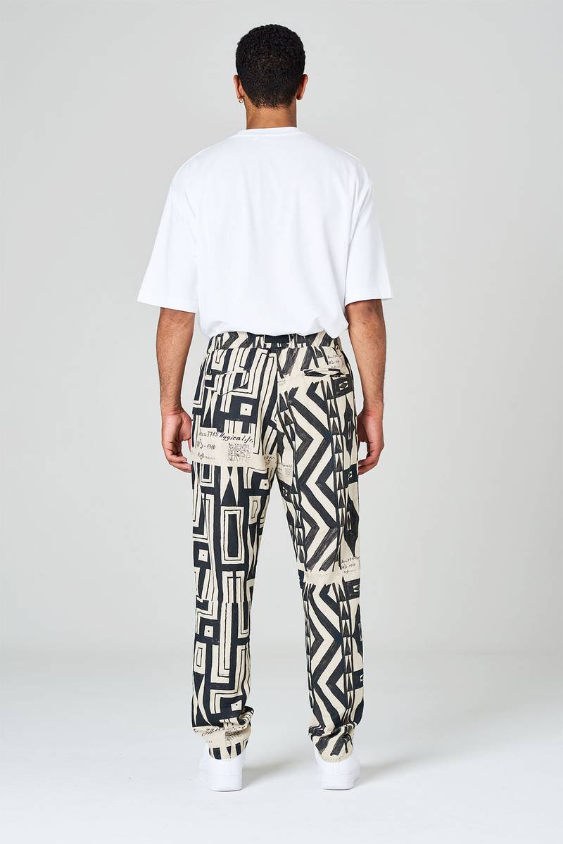 White sand Pantaloni in tela misto cotone-lino stampa geometrica Vendita Calda