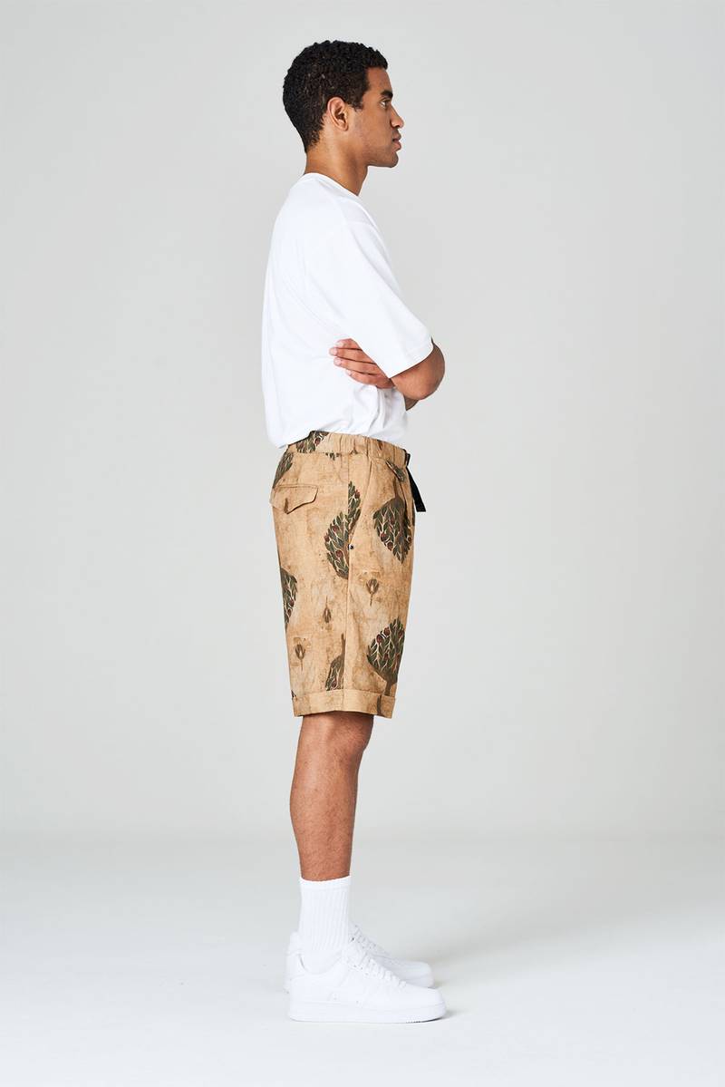 White sand Pantaloni corti in misto lino-cotone stampato con pinces e risvolto In Saldo