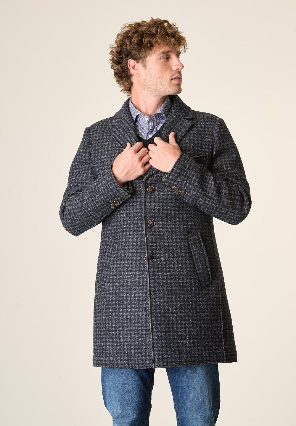 Angelico Cappotto blu grigio melange taglio vivo fantasia Pied de Poule Sottocosto