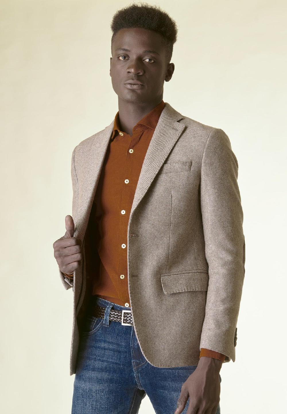 Angelico Giacca beige lana pettorina e toppe custom fit Convenienza