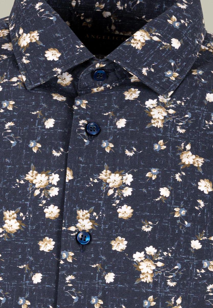 Angelico Camicia blu stampata fiori beige custom fit Italia