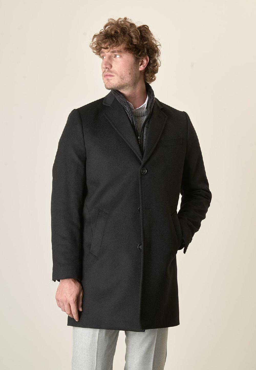 Angelico Cappotto nero misto cashmere pettorina staccabile Outlet