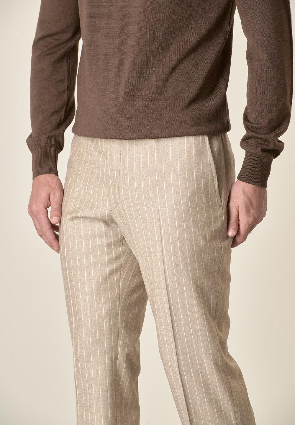 Angelico Pantalone beige gessato lana vergine custom fit Vendita Economica