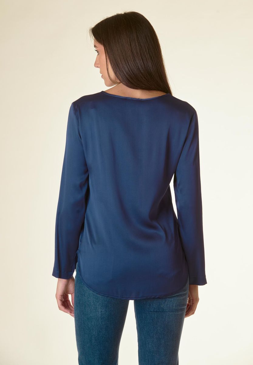 Angelico Blusa blu manica lunga raso viscosa Offerta
