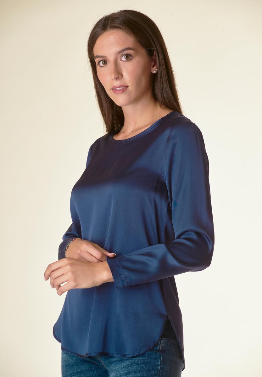 Angelico Blusa blu manica lunga raso viscosa Offerta