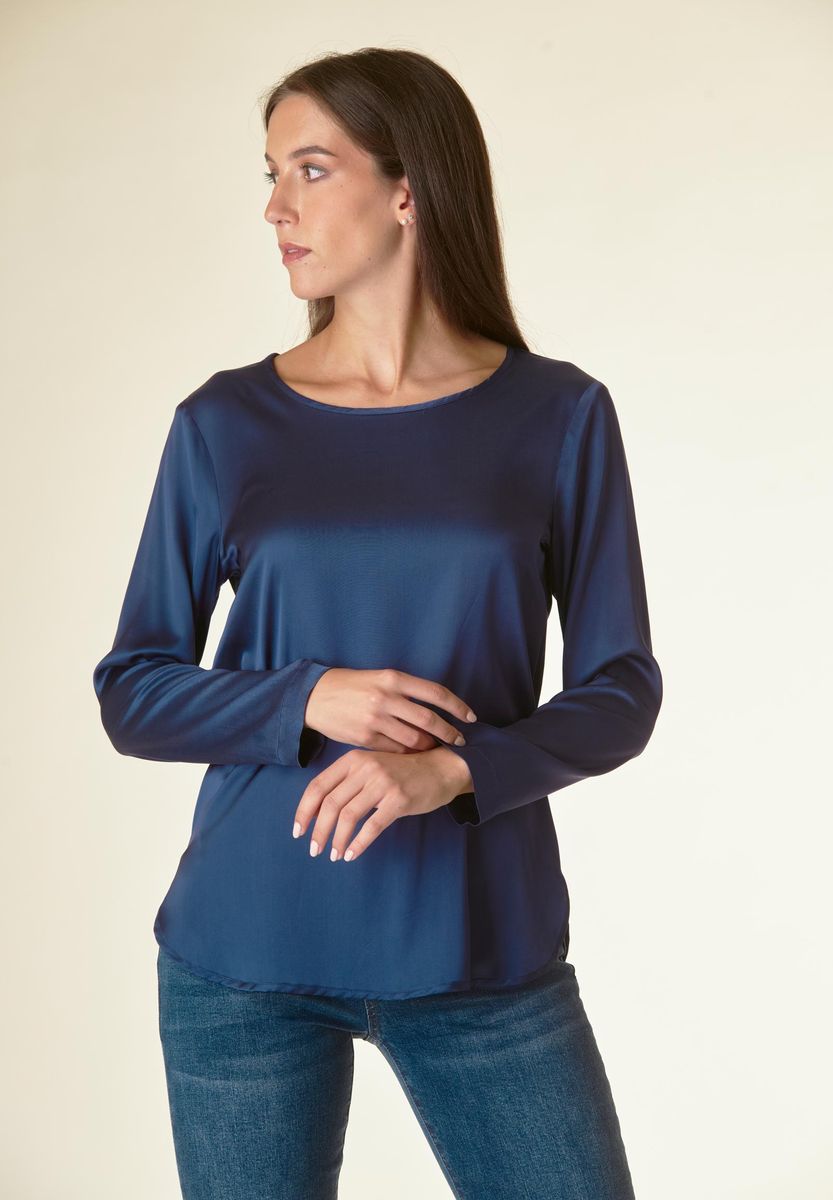 Angelico Blusa blu manica lunga raso viscosa Offerta