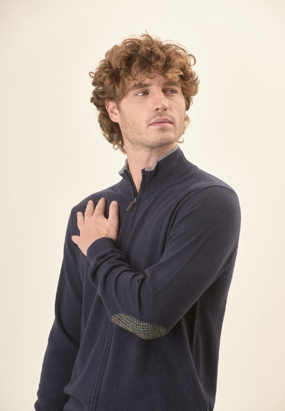 Angelico Giacca zip blu navy toppe misto cashmere Officina