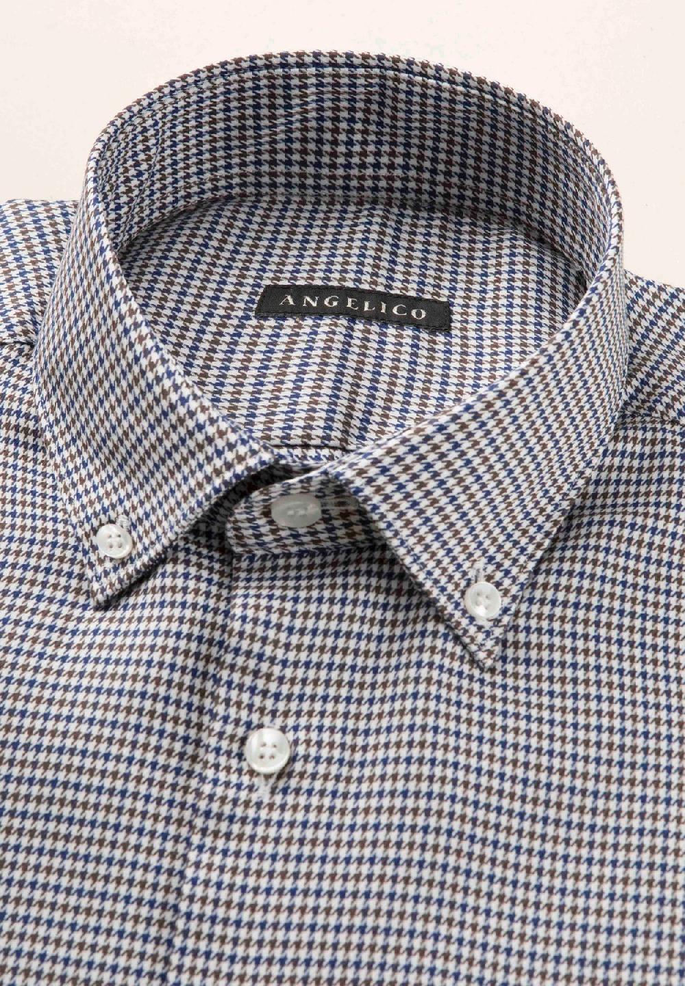 Angelico Camicia blu marrone pied de poulè cotone regular fit 2025